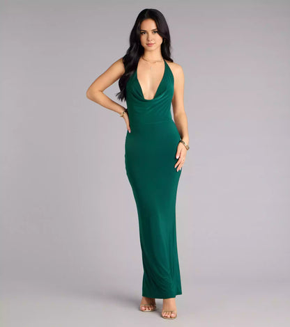 Stunning drop neck knit lining with elastic deep V-neck, backless neckline, backless lace up, fitting curves Prom Dresses