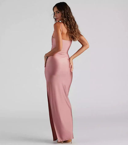 Stunning elastic satin lining, high neck, slim camisole, slim fit silhouette, high side slit and floor skirt Prom Dresses