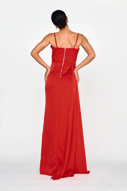 Stunning heart-shaped neckline satin, extra long adjustable shoulder straps, high slit bridesmaid dress