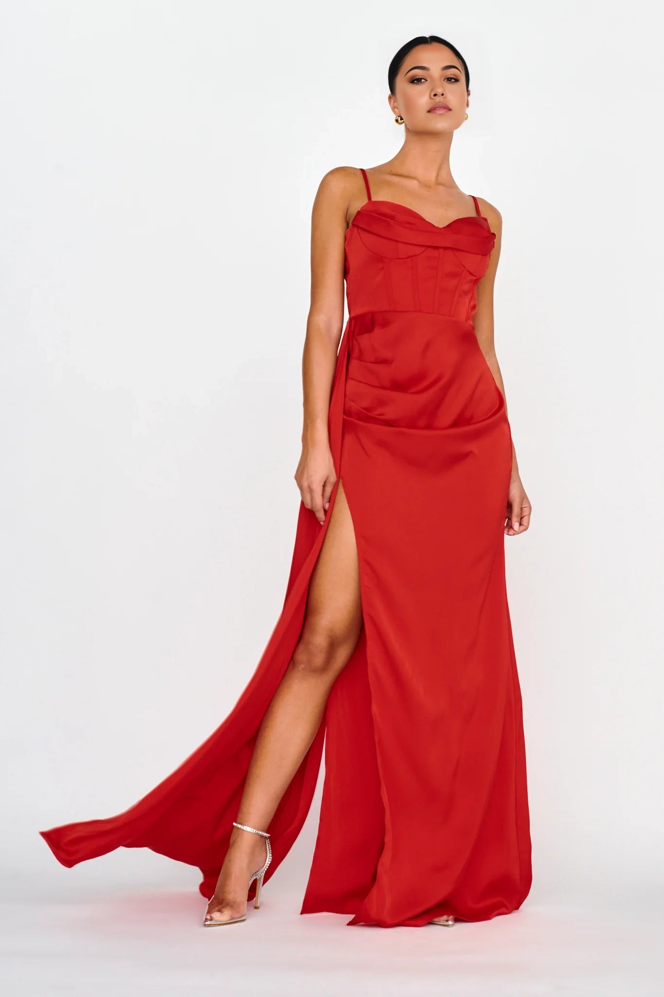 Stunning heart-shaped neckline satin, extra long adjustable shoulder straps, high slit bridesmaid dress