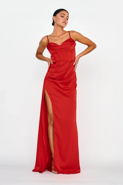 Stunning heart-shaped neckline satin, extra long adjustable shoulder straps, high slit bridesmaid dress