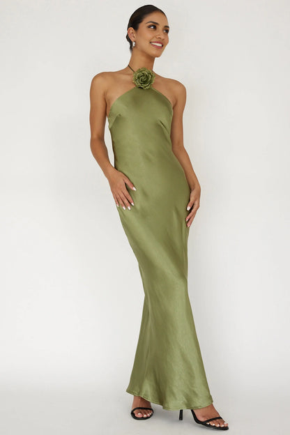 Charming satin ultra long unlined flower decoration backless bridesmaid dress
