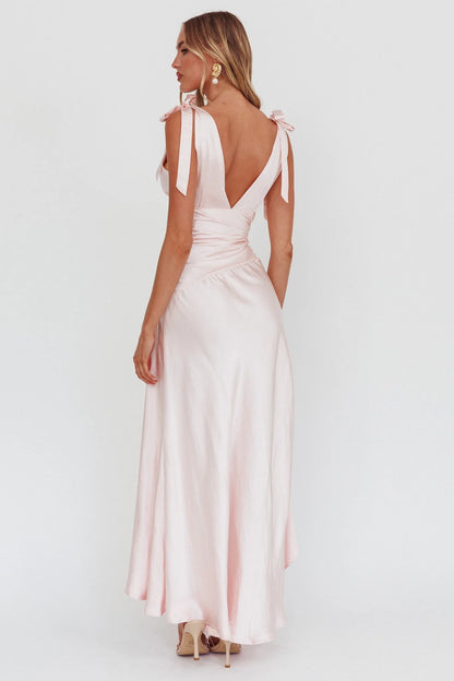 Stunning high-low hem with shoulder straps and zippered side bridesmaid dress