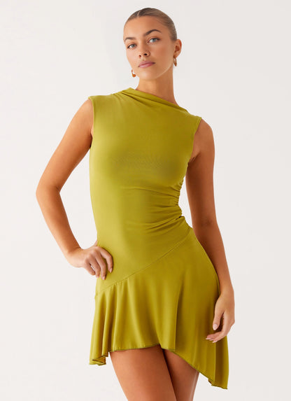 Stunning high neck pleated asymmetric hem with elastic mesh that conforms to body curves