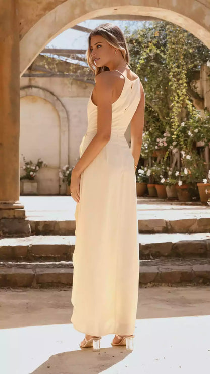 Stunning high neck pleated details, invisible zipper, fully lined fine shoulder straps, front slit Prom Dresses