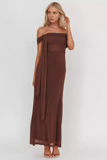 Stunning interior mesh covering off the shoulder design, with layered straps on the front and zippers on the sides Prom Dresses