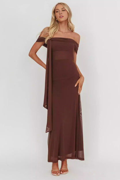 Stunning interior mesh covering off the shoulder design, with layered straps on the front and zippers on the sides Prom Dresses