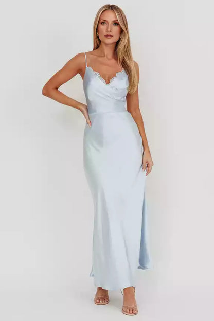 Stunning lace edge collar with lining, sloping neckline and zipper at the back Prom Dresses