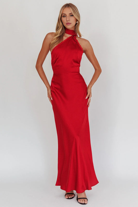 Stunning lace trimmed one shoulder back with zipper bridesmaid dress