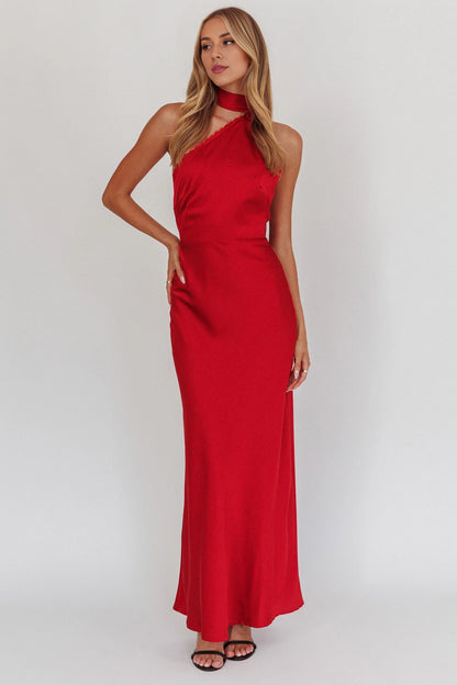 Stunning lace trimmed one shoulder back with zipper bridesmaid dress