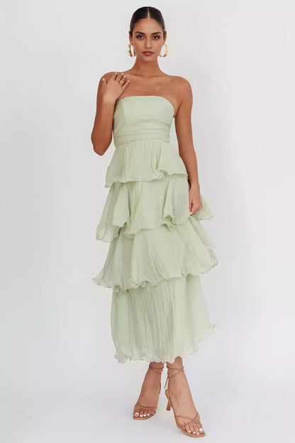 Stunning layered ruffle edge mid length strapless chest padding with hidden back zipper Prom Dresses