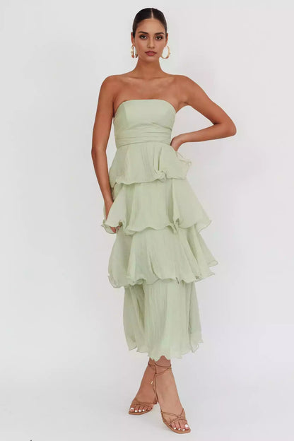 Stunning layered ruffle edge mid length strapless chest padding with hidden back zipper Prom Dresses
