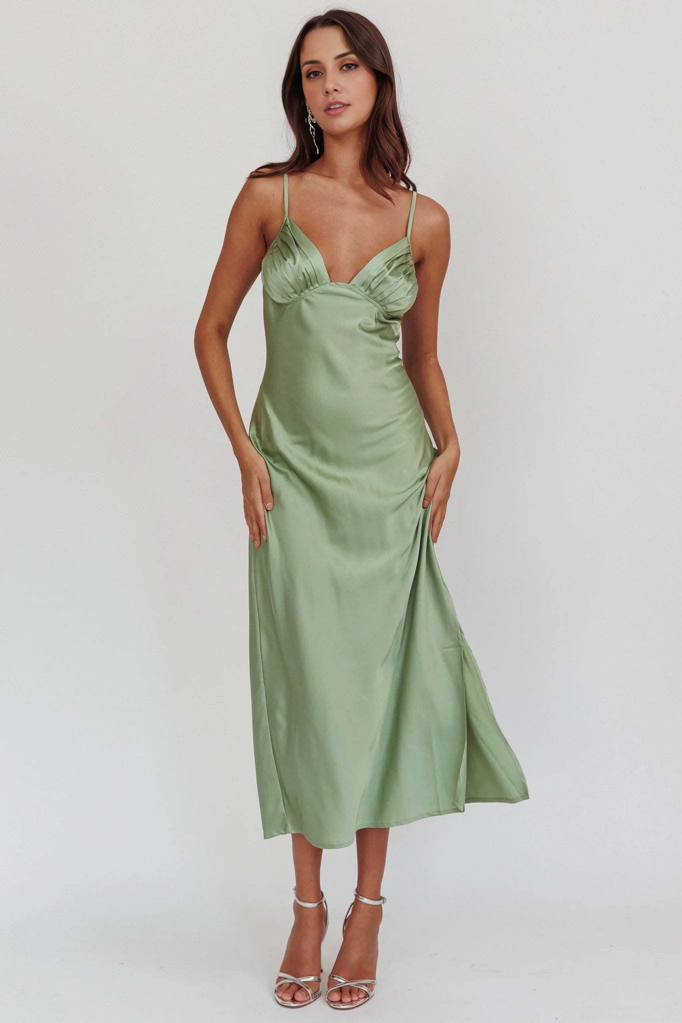 Stunning long mid length camisole with adjustable thin straps, pleated chest, side leg slit bridesmaid dress