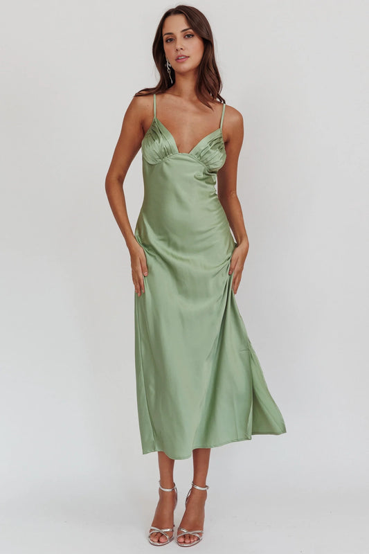 Stunning long mid length camisole with adjustable thin straps, pleated chest, side leg slit bridesmaid dress