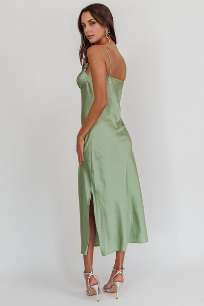 Stunning long mid length camisole with adjustable thin straps, pleated chest, side leg slit bridesmaid dress