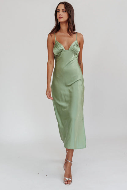 Stunning long mid length camisole with adjustable thin straps, pleated chest, side leg slit bridesmaid dress