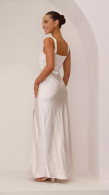 Stunning long square neckline, wide shoulder straps, side pleats, front slit showcasing graceful figure Prom Dresses