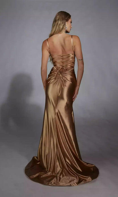 Stunning long stretch satin V-neck design with unique slim fit and low back strap design Prom Dresses