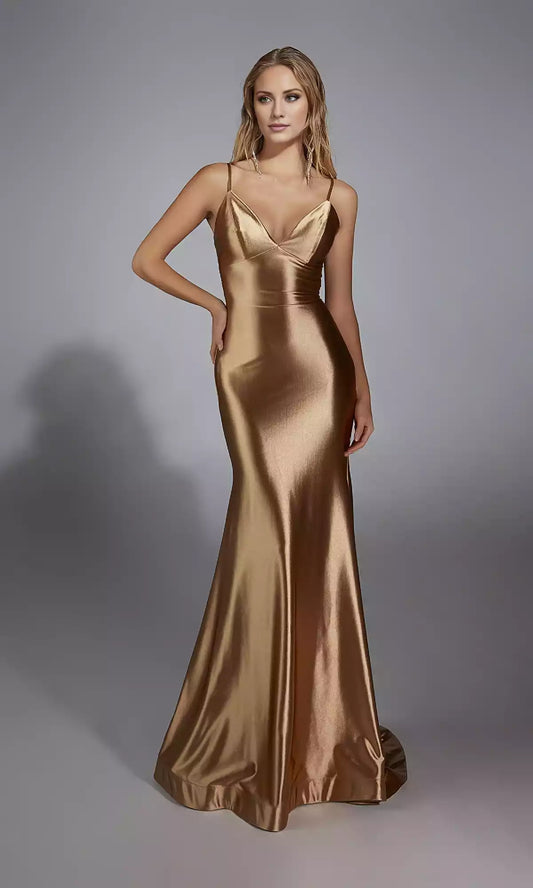 Stunning long stretch satin V-neck design with unique slim fit and low back strap design Prom Dresses