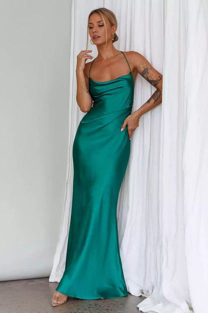 Stunning unlined neckline with low back, featuring chain and tie details, and Bridesmaid Dresses back details