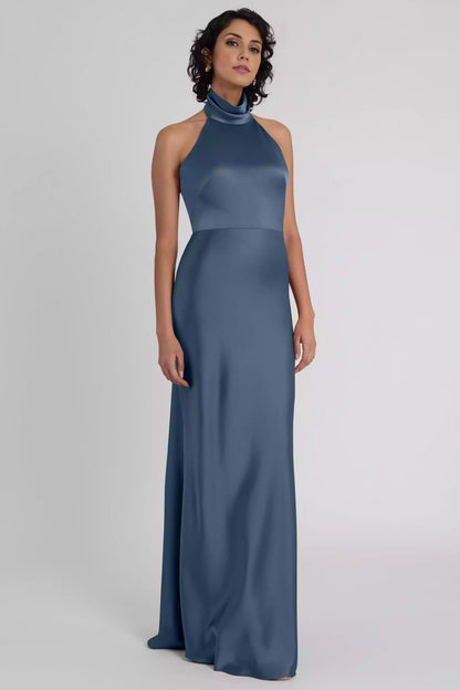 Stunning luxury satin hanging suspender collar, low backless tight corset, slanted cut back, mid zip Bridesmaid Dresses