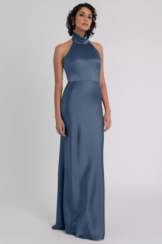 Stunning luxury satin hanging suspender collar, low backless tight corset, slanted cut back, mid zip Bridesmaid Dresses