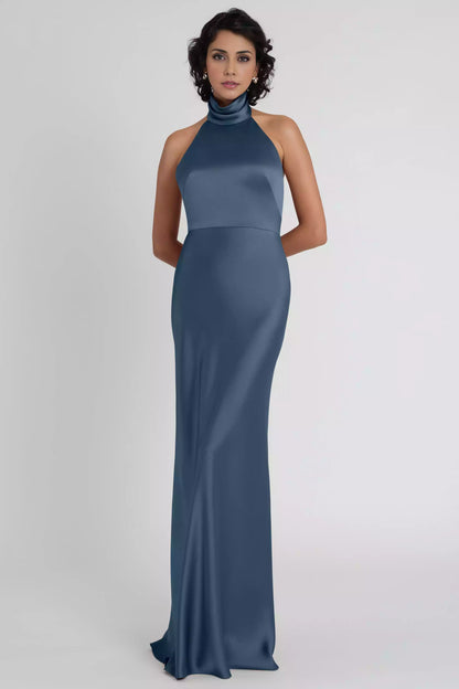 Stunning luxury satin hanging suspender collar, low backless tight corset, slanted cut back, mid zip Bridesmaid Dresses