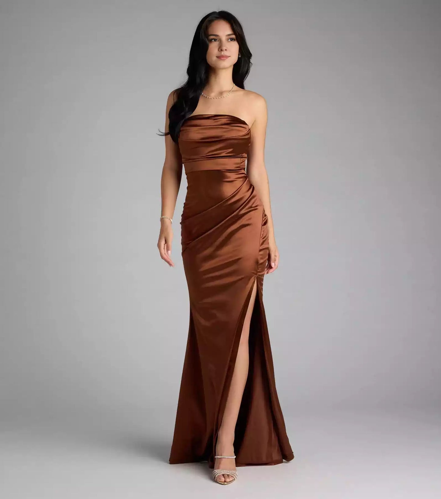 Stunning luxury satin strapless neckline with pleated details, mermaid high slit and floor Prom Dresses