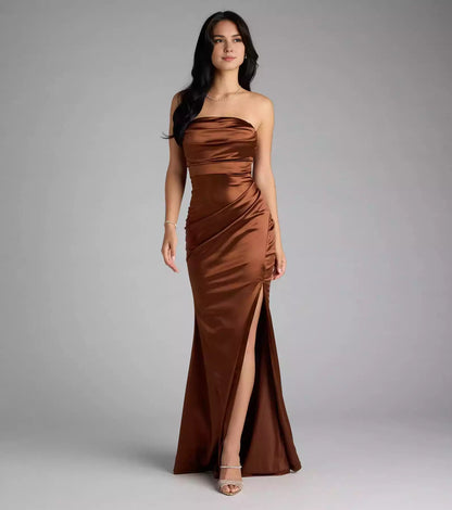 Stunning luxury satin strapless neckline with pleated details, mermaid high slit and floor Prom Dresses