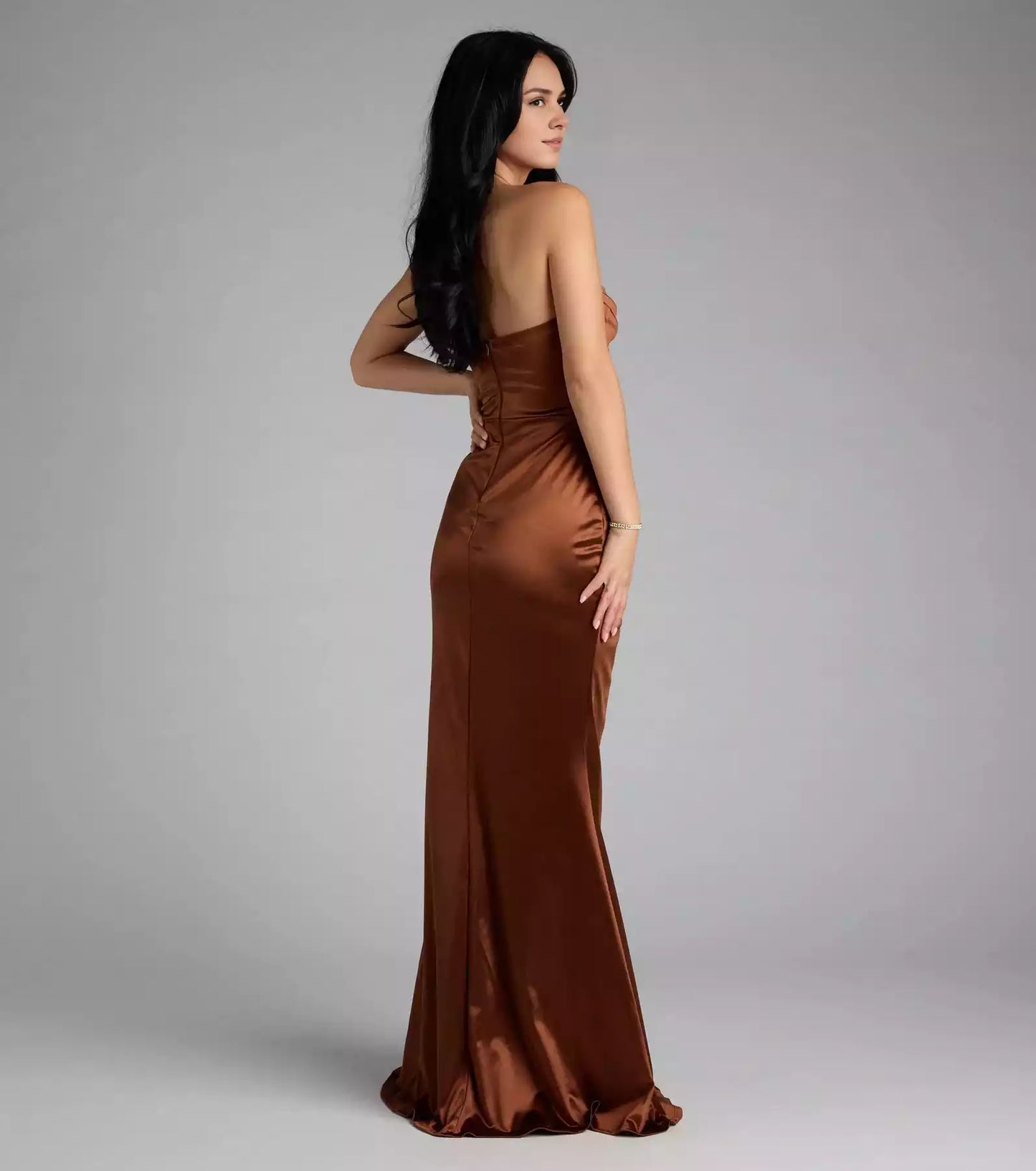 Stunning luxury satin strapless neckline with pleated details, mermaid high slit and floor Prom Dresses