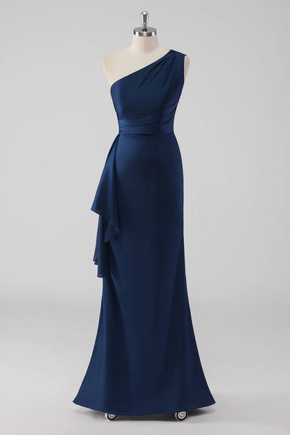 Stunning mermaid one shoulder pleated long ruffled hem slim fit bridal mother dress
