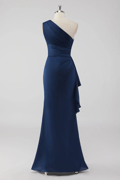 Stunning mermaid one shoulder pleated long ruffled hem slim fit bridal mother dress