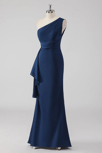 Stunning mermaid one shoulder pleated long ruffled hem slim fit bridal mother dress