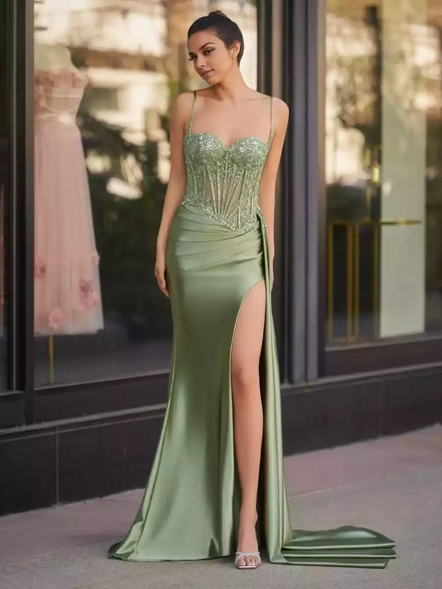 Stunning mermaid silhouette with excellent drape, sleeveless sequins, thin shoulder straps, and split Prom Dresses