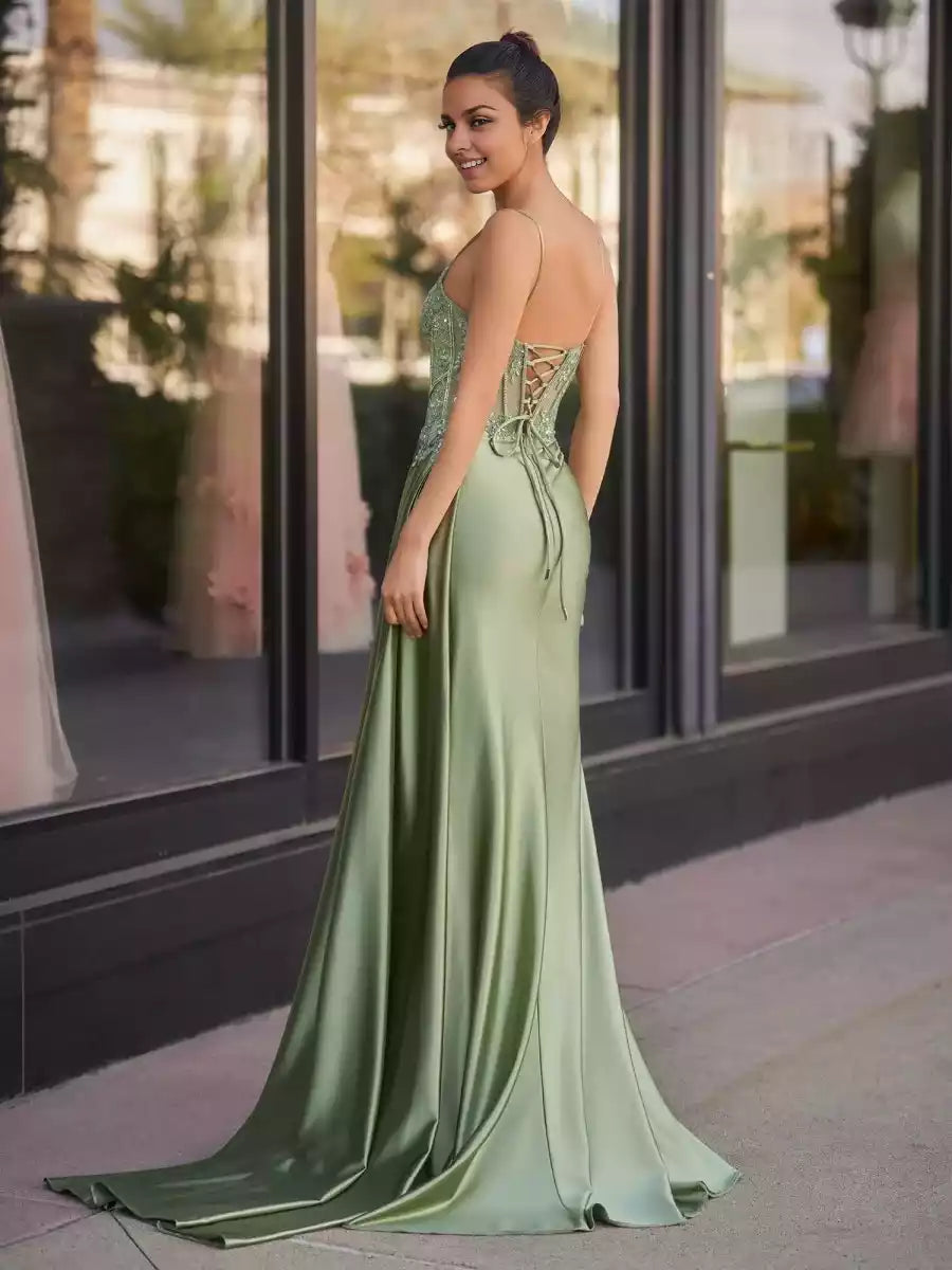Stunning mermaid silhouette with excellent drape, sleeveless sequins, thin shoulder straps, and split Prom Dresses