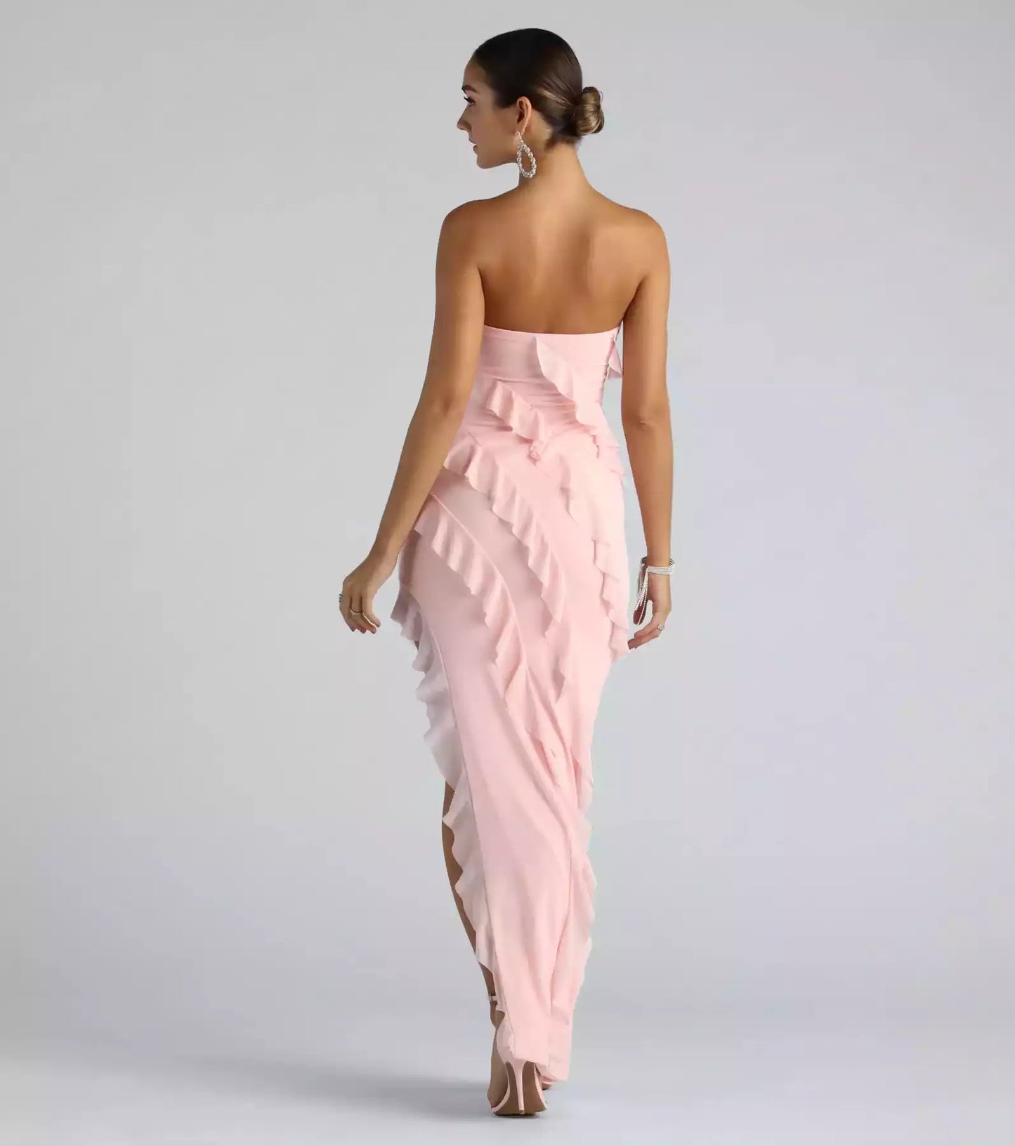 Stunning mesh lining, strapless neckline, side zipper, asymmetrical ruffle edge, snug fit, high side slit, Prom Dresses