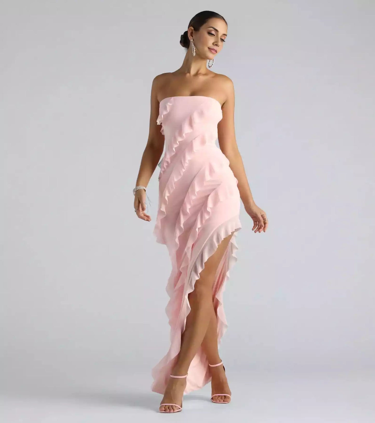 Stunning mesh lining, strapless neckline, side zipper, asymmetrical ruffle edge, snug fit, high side slit, Prom Dresses