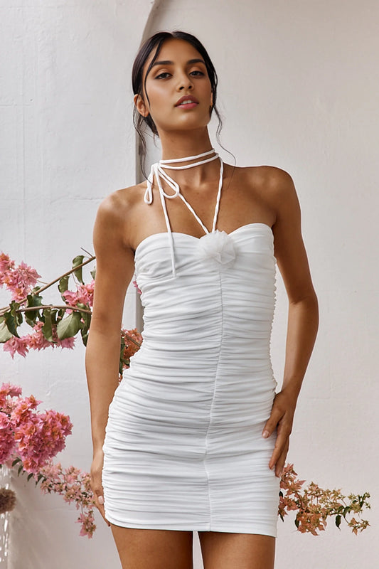 Stunning mesh mini fully lined self tie neck strap with pleated rose decoration Homecoming Dresses