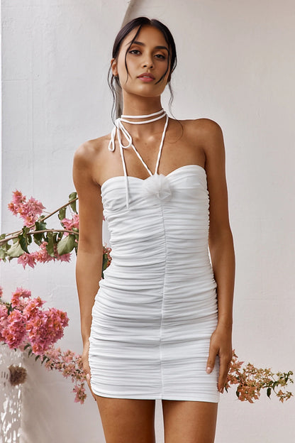 Stunning mesh mini fully lined self tie neck strap with pleated rose decoration Homecoming Dresses