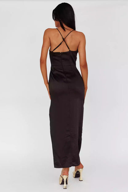 Stunning mid length lining with adjustable shoulder straps, lace neckline, side slit, back with zipper Bridesmaid Dresses