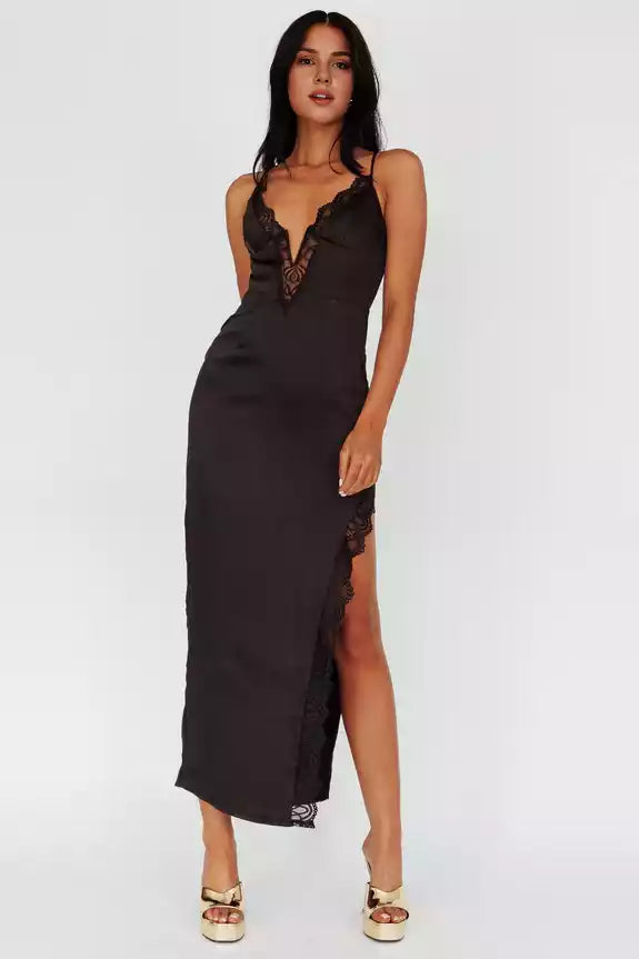 Stunning mid length lining with adjustable shoulder straps, lace neckline, side slit, back with zipper Bridesmaid Dresses