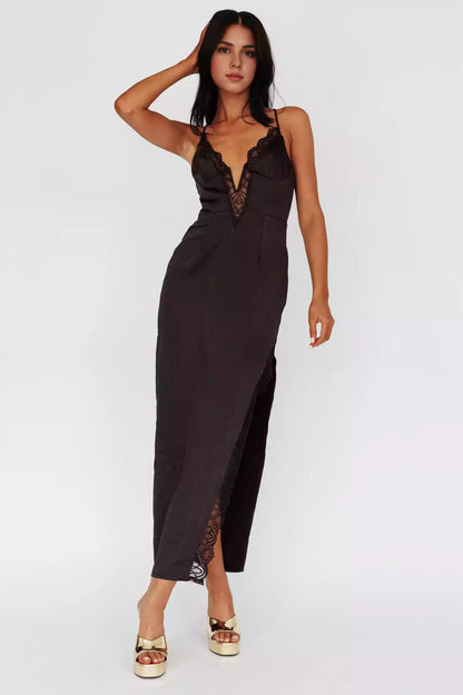 Stunning mid length lining with adjustable shoulder straps, lace neckline, side slit, back with zipper Bridesmaid Dresses