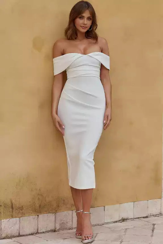 Stunning mid length unlined off shoulder crepe fabric with zipper back Prom Dresses