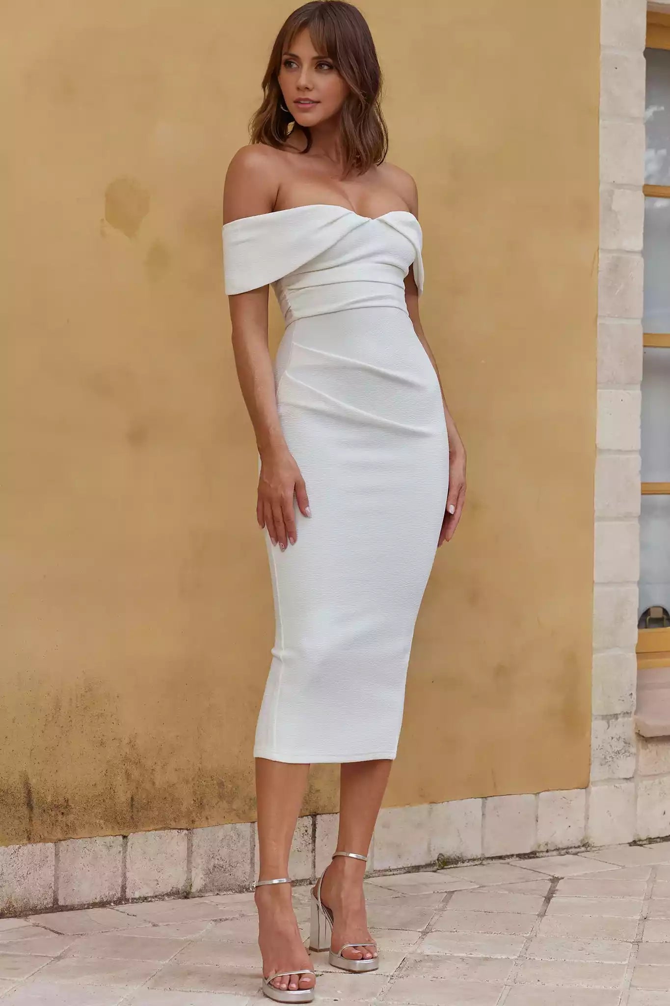 Stunning mid length unlined off shoulder crepe fabric with zipper back Prom Dresses