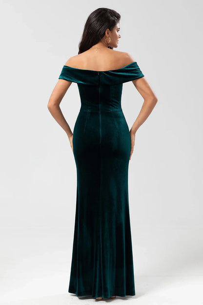 Stunning off shoulder velvet slit mermaid bridesmaid dress