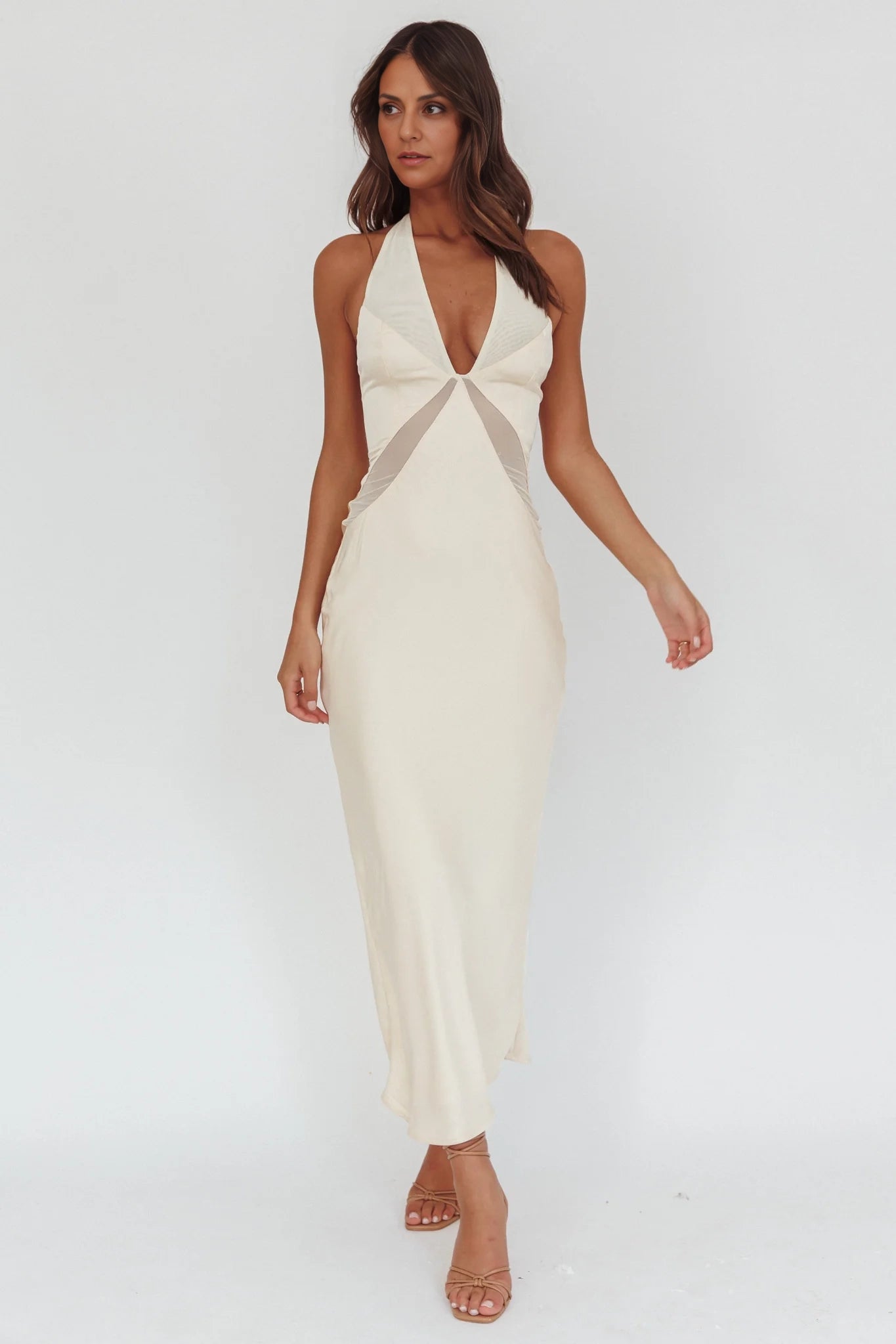 Stunning perspective splicing backless hanging neck button closure bridesmaid dress