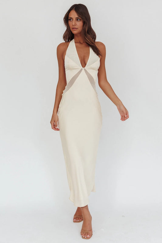 Stunning perspective splicing backless hanging neck button closure bridesmaid dress