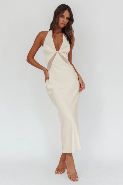 Stunning perspective splicing backless hanging neck button closure bridesmaid dress