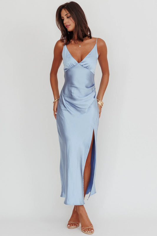 Stunning satin V-neck leg slit adjustable slim shoulder bridesmaid dress