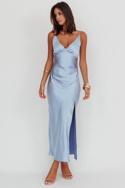 Stunning satin V-neck leg slit adjustable slim shoulder bridesmaid dress
